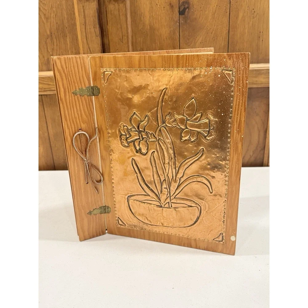 VTG Handmade Wooden & Hammered Copper Relief Floral Memory Scrapbook Book